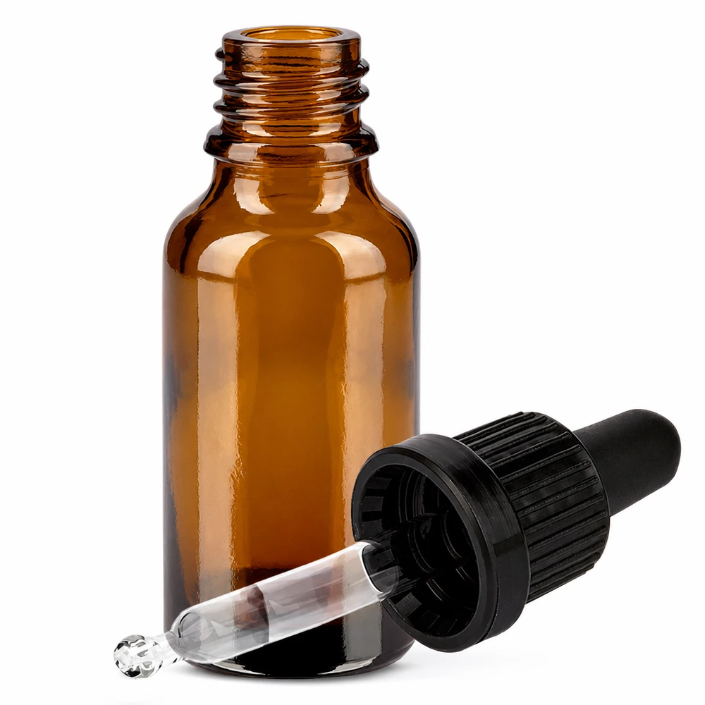 UV-Schutz Pipettenflasche 20ml aus getöntem Glas mit ergonomischem schwarzen Verschluss