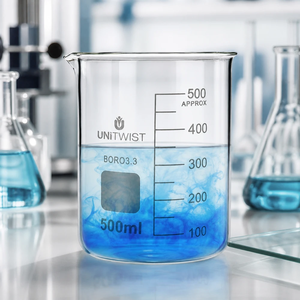 Becherglas 500ml Borosilikat, niedrige Form UNiTWIST Becherglas niedrige Form 500ml mit sichtbarem Mischvorgang blauer Flüssigkeit im Laborumfeld