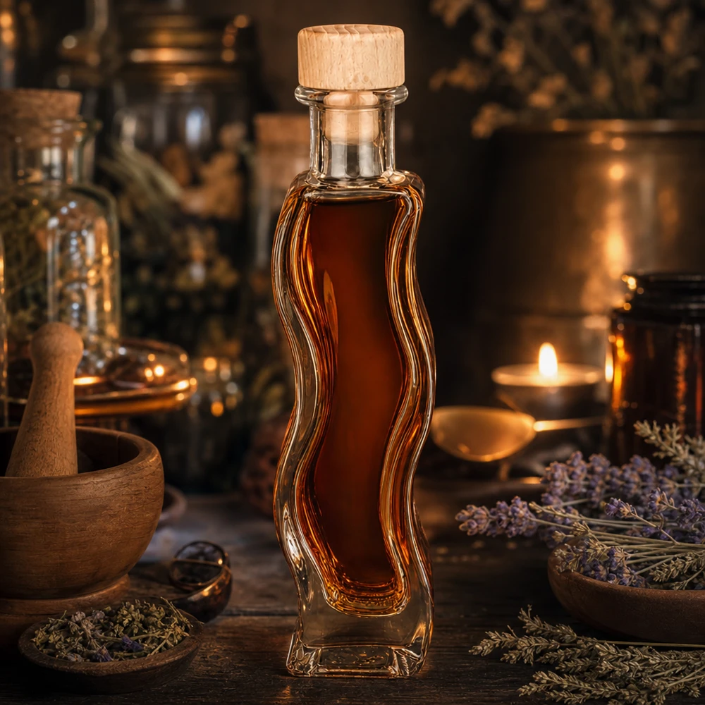 100ml Glasflasche "Melissa" mit Holzgriff-Korken UNiTWIST 100ml Glasflasche Melissa mit bernsteinfarbenem Inhalt Holzkorken rustikale Apotheker-Atmosphäre Lavendel Kerzenschein