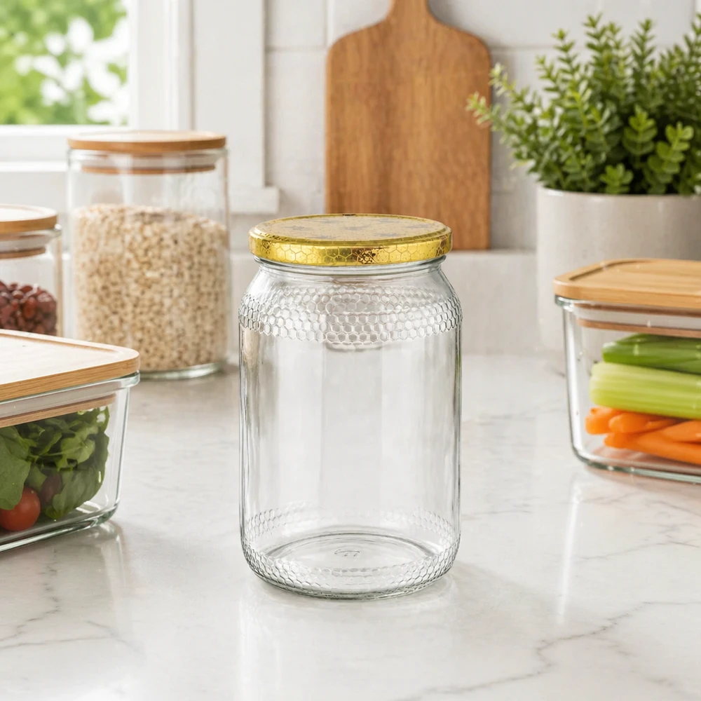 1260g Honigglas + BasicSeal Deckel Bienenwabe UNiTWIST 900ml Honigglas mit goldenem Deckel steht leer auf Marmor-Arbeitsplatte zwischen Vorratsgläsern in moderner Küche