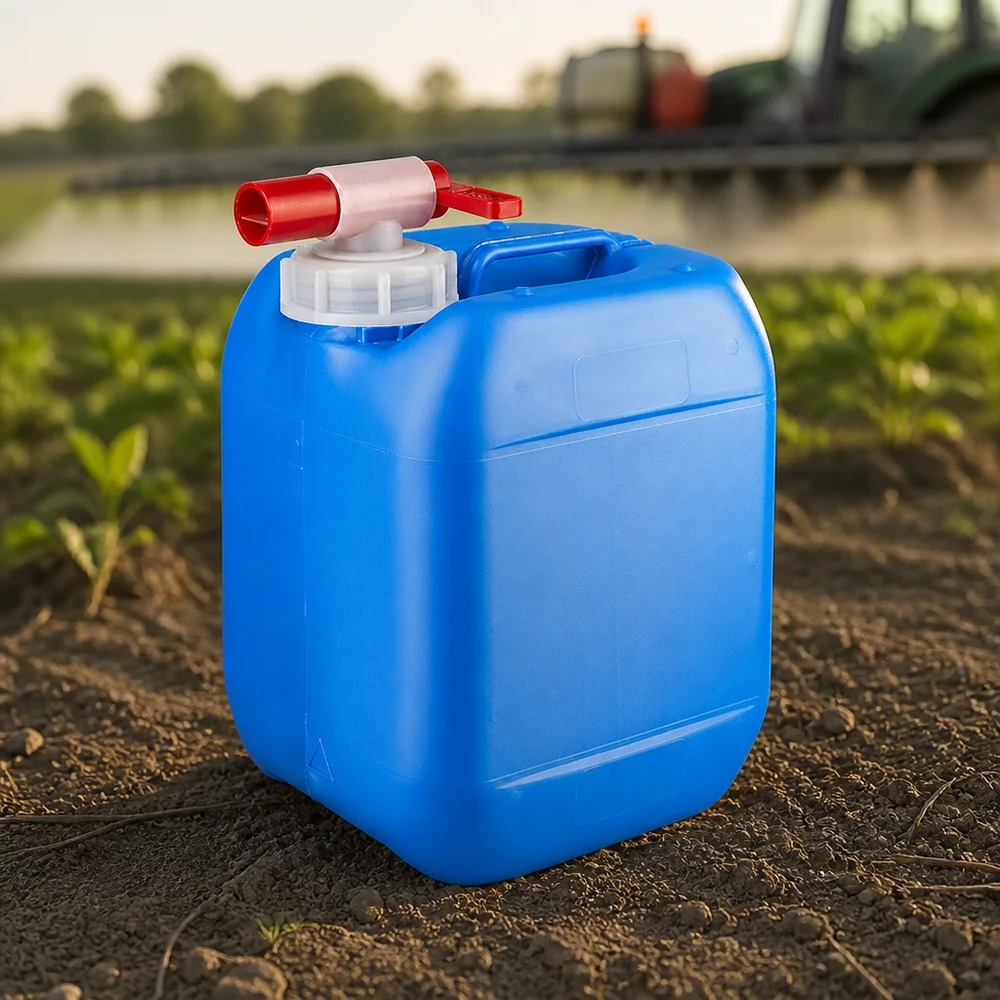 Rechteckiger Agrarkanister 5 Liter blau mit Absperrhahn auf Ackerboden bei Feldarbeit