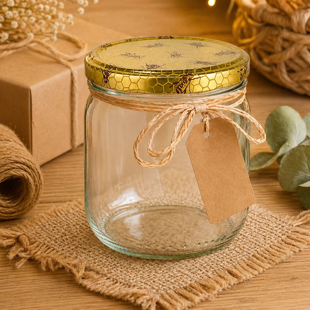 500g Honigglas mit Bienenwabe Deckel BasicSeal UNiTWIST 500g Honigglas mit Bienenwaben-Deckel und Geschenkanhänger auf Bastelmatte mit Naturdeko