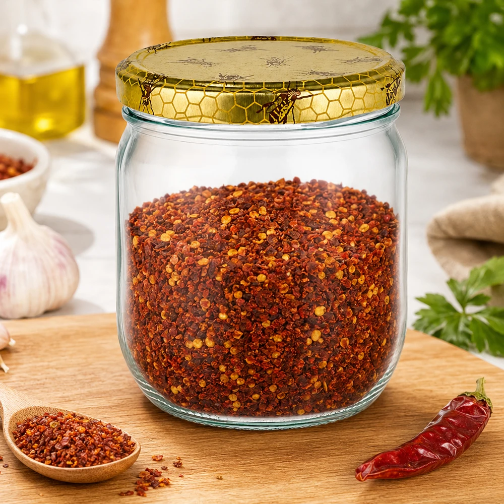 500g Honigglas mit Bienenwabe Deckel BasicSeal UNiTWIST 500g Honigglas mit Bienenwaben-Deckel gefüllt mit Chili-Gewürzmischung auf Holzbrett in der Küche