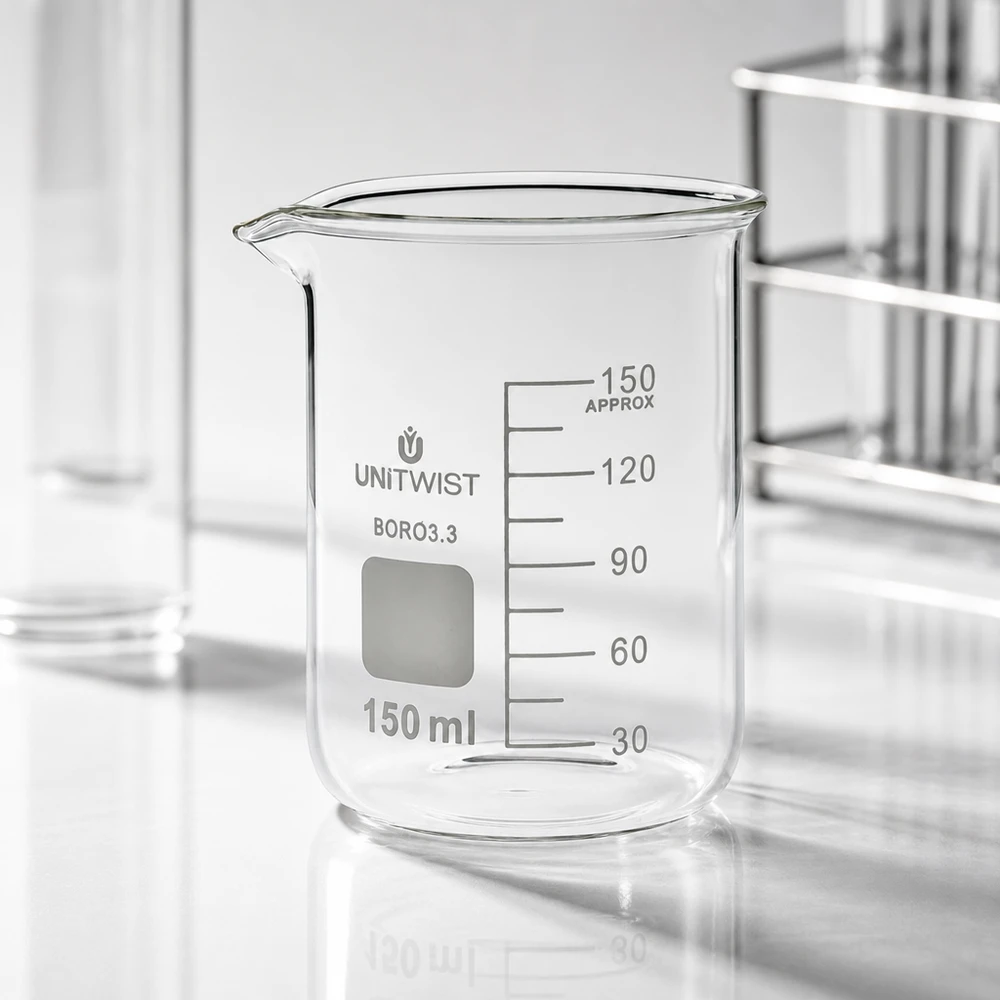 Becherglas 150ml Borosilikat, niedrige Form UNiTWIST Professionelles Becherglas 150ml UNiTwist Borosilikat 3.3 zylindrische niedrige Form
