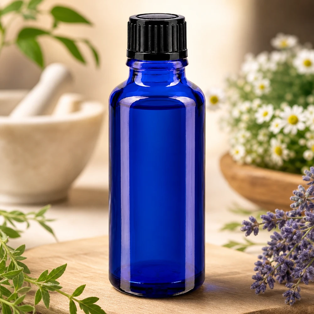 Blaue Tropfflasche 30ml aus Apothekerglas mit Naturkräutern und Gänseblümchen