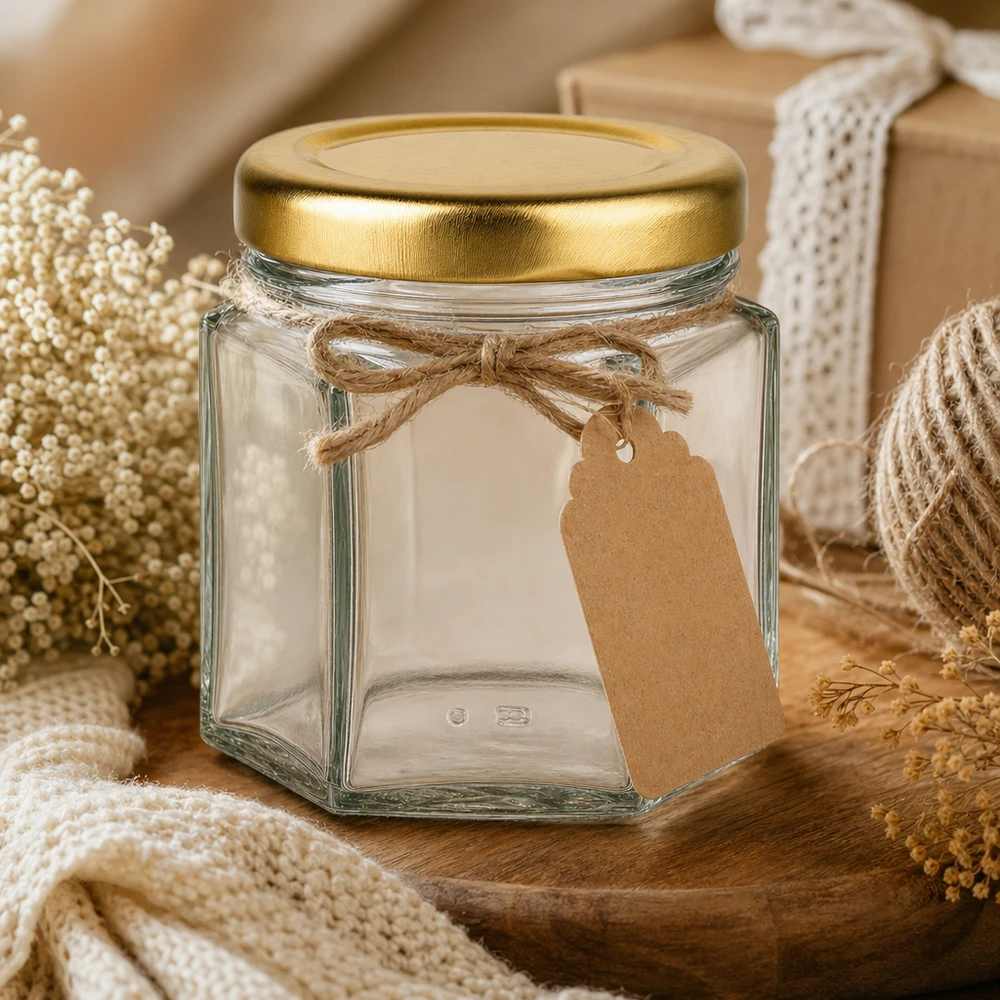 60g Honigglas mit goldenem Deckel BasicSeal UNiTWIST 60g Honigglas sechseckig leer mit BasicSeal Golddeckel und Kraftpapier-Etikett rustikal dekoriert mit Jute-Schleife