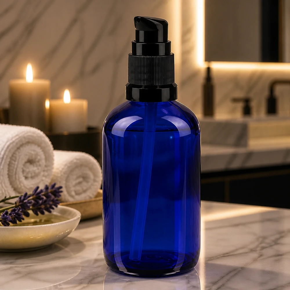 100ml blaue Apothekerglasflasche mit schwarzem Dosierspender für Kosmetik und Pflegeprodukte