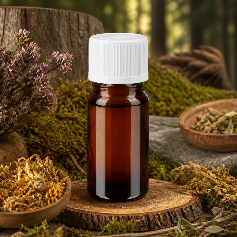 Apothekenflasche braun 5ml Tropfverschluss weiß Kindersicherung Standard Apothekerflasche 5ml in Braunglas mit weißem Schraubverschluss auf Holzuntersetzer mit Heilpflanzen
