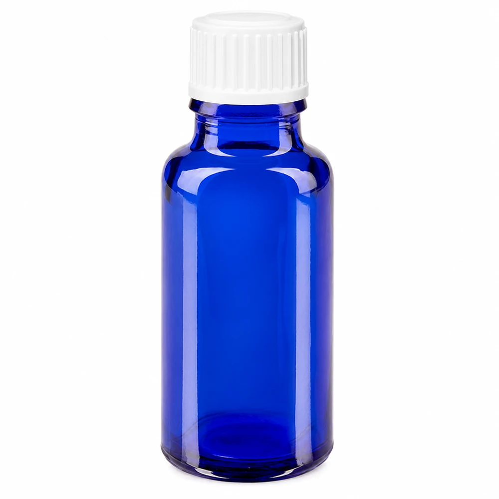 Apothekenflasche blau 20ml Schraubverschluss weiß Globuli Standard Blaue Medizinflasche 20ml Glas mit UV-Schutz und weißem Schraubdeckel Standard