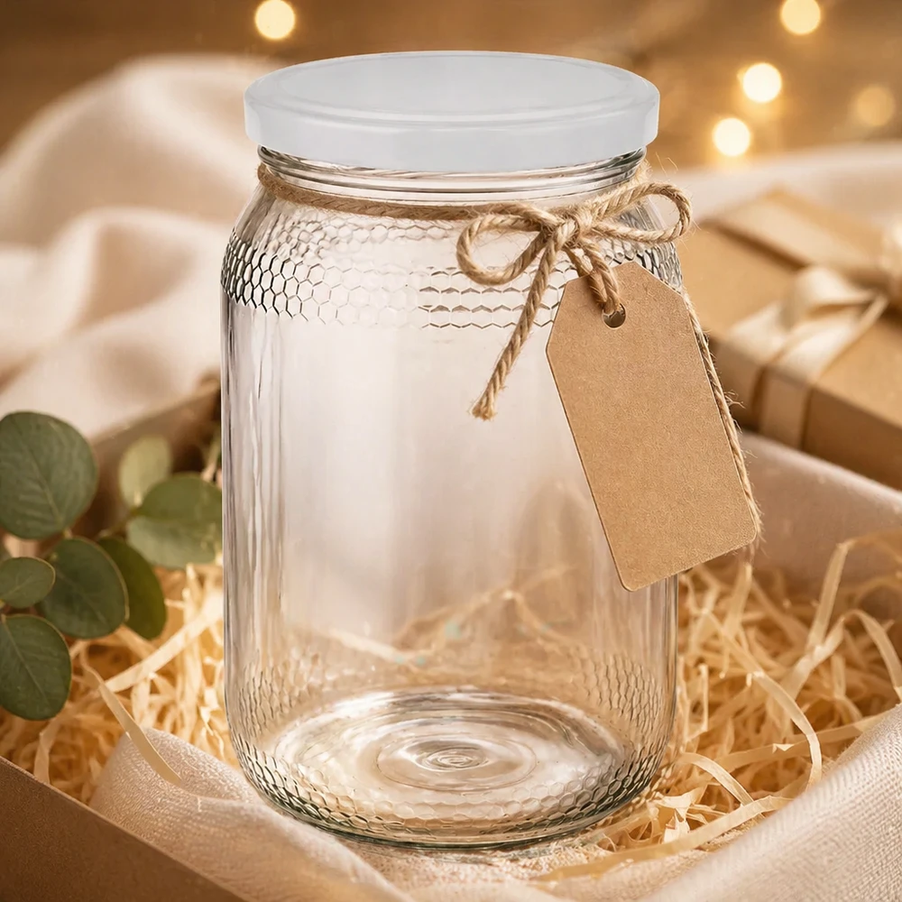1260g Honigglas + BasicSeal Deckel weiß UNiTWIST Leeres 900ml Honigglas mit weißem BasicSeal Deckel und Geschenkanhänger in rustikaler Geschenkverpackung