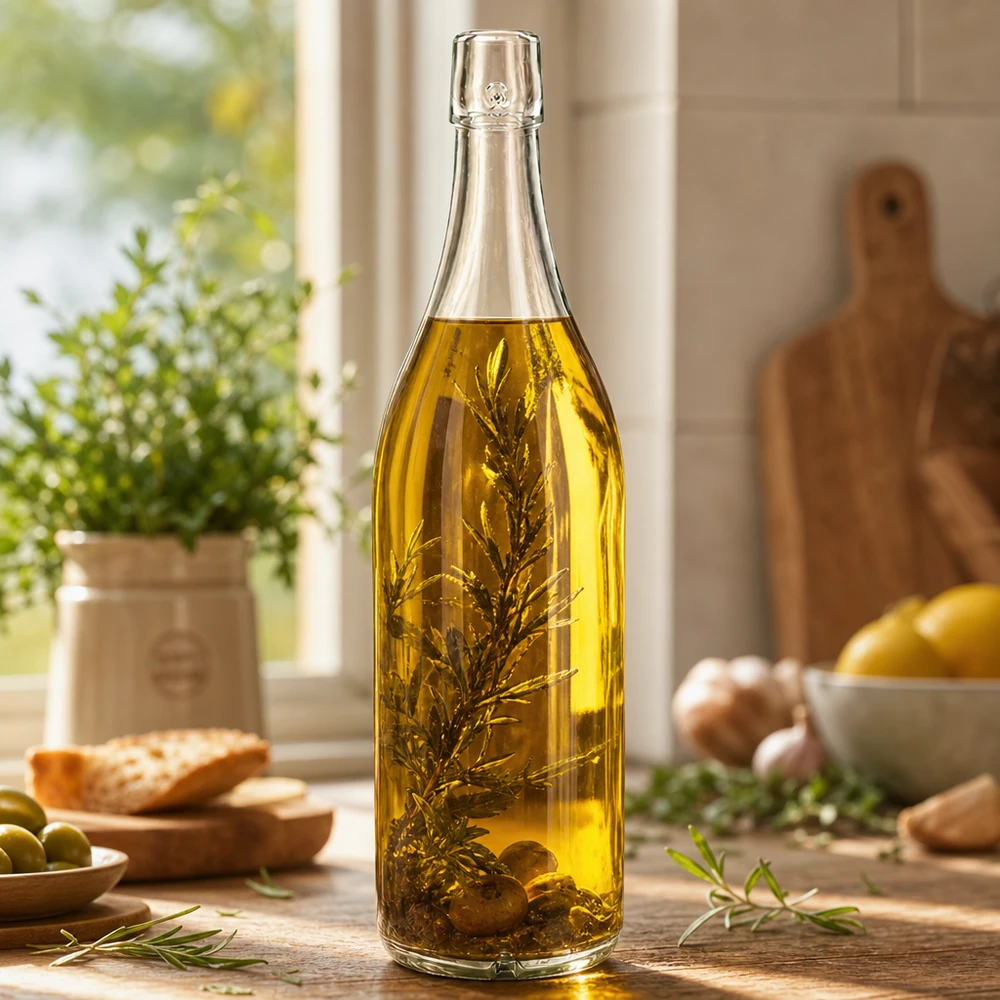 Glasflasche 1000ml UNiTWIST mit Olivenöl Kräutern befüllt Küchenszenerie Anwendungsbeispiel Schraubverschluss