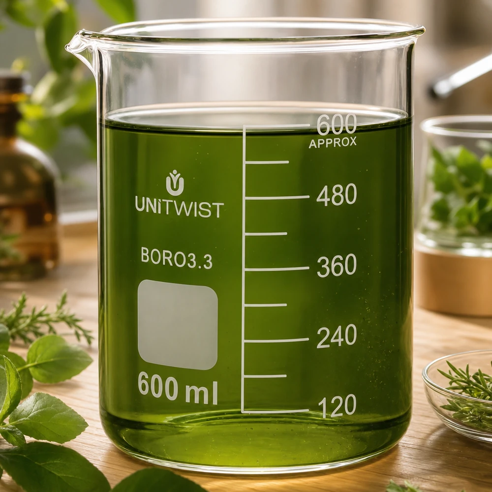 Becherglas 600ml Borosilikat, niedrige Form UNiTWIST UNiTWIST Becherglas 600ml Boro3.3 niedrige Form mit grünem Extrakt und Kräuterdeko