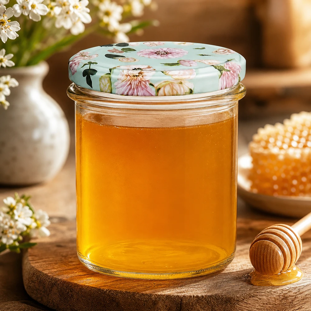 Sturzglas 350ml mit BasicSeal Deckel Blume mint gefüllt mit goldenem Honig, Honiglöffel und Waben auf Holzbrett