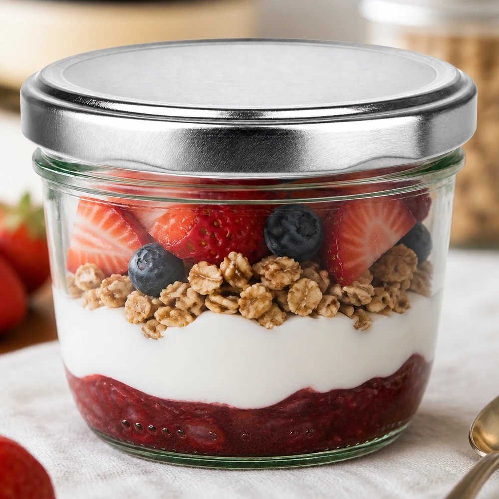 230ml Sturzglas mit BasicSeal Deckel silber UNiTWIST 230ml Sturzglas mit silber BasicSeal Deckel gefüllt mit Joghurt Beeren Nüssen als Dessert im Glas Anwendungsbeispiel