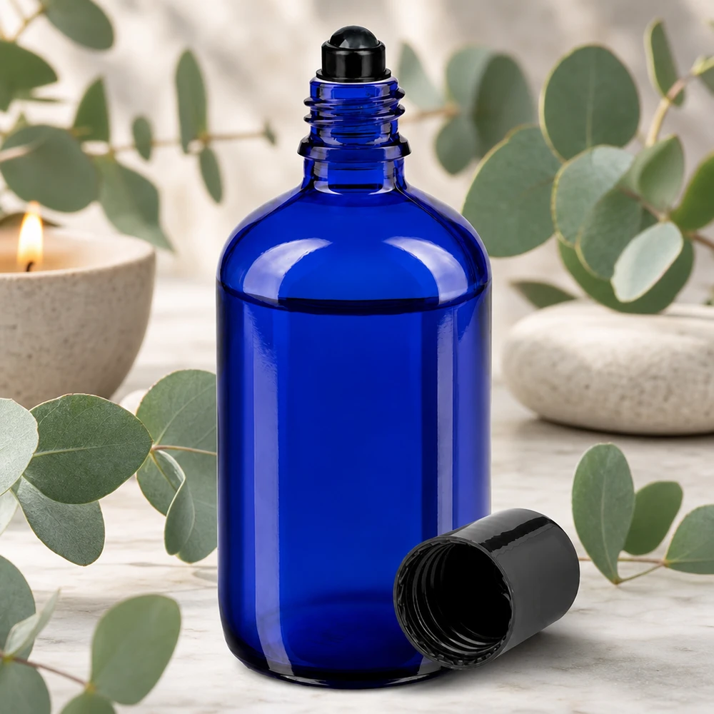 Apothekenflasche blau 100ml Roll-On Verschluss schwarz Lichtschutz-Glasflasche 100ml in Blau mit schwarzem Roll-On Aufsatz für ätherische Öle