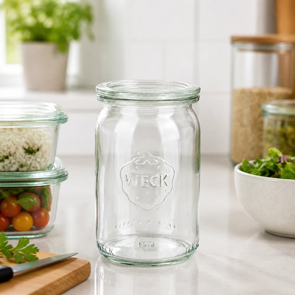 145ml Zylinderglas mit Glasdeckel WECK RR40 WECK 145ml Zylinderglas RR40 leer auf Küchentheke mit Vorratsgläsern und frischen Kräutern im Hintergrund