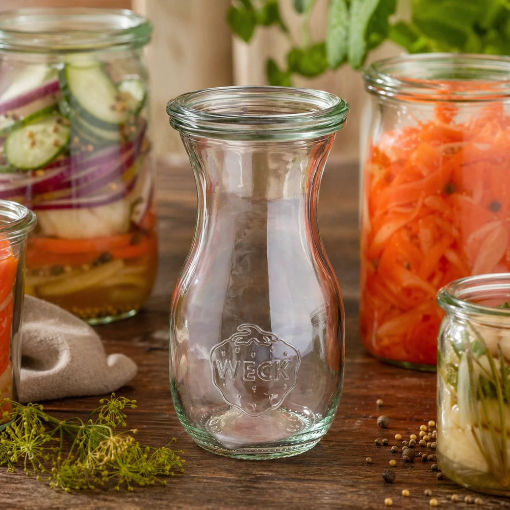 290ml Saftflasche mit Glasdeckel WECK RR60 WECK Saftflasche 290ml RR60 leer im Ambiente mit gefüllten Einmachgläsern und frischen Kräutern auf Holztisch