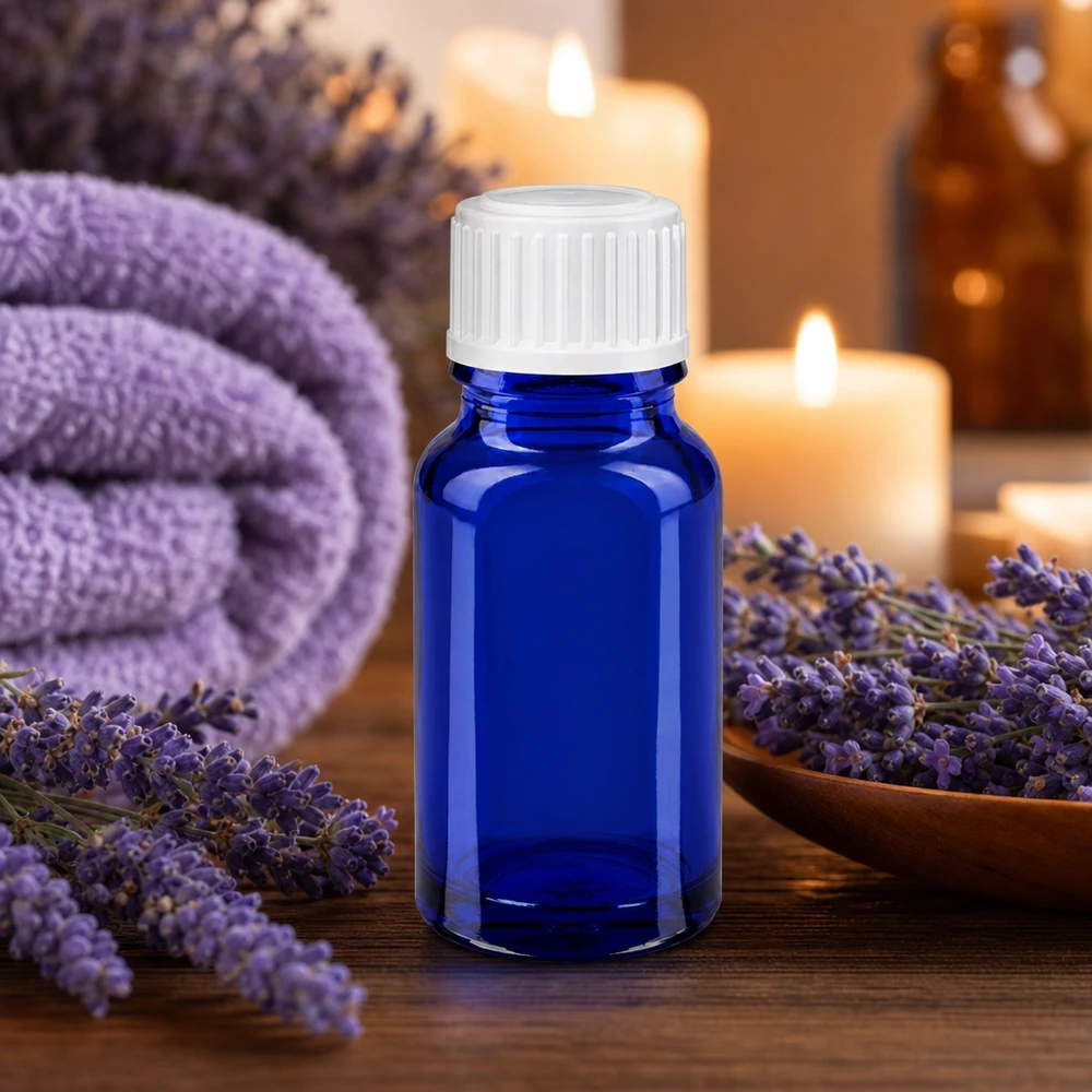 Blaue 10ml Tropfflasche aus Apothekenglas neben lila Handtuch und Lavendeldeko