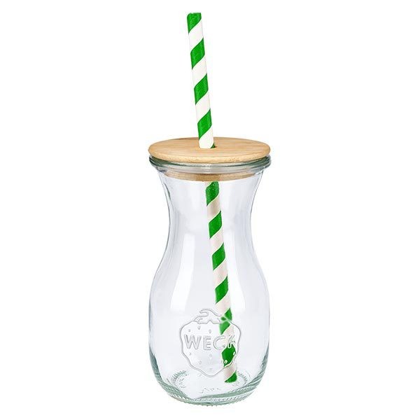 6 x WECK 290ml Saftflasche RR60 mit Holzdeckel und 100 Öko S WECK Saftflasche 290ml mit natürlichem Holzdeckel und grün-weißem Öko-Strohhalm Einzelansicht Trinkglas
