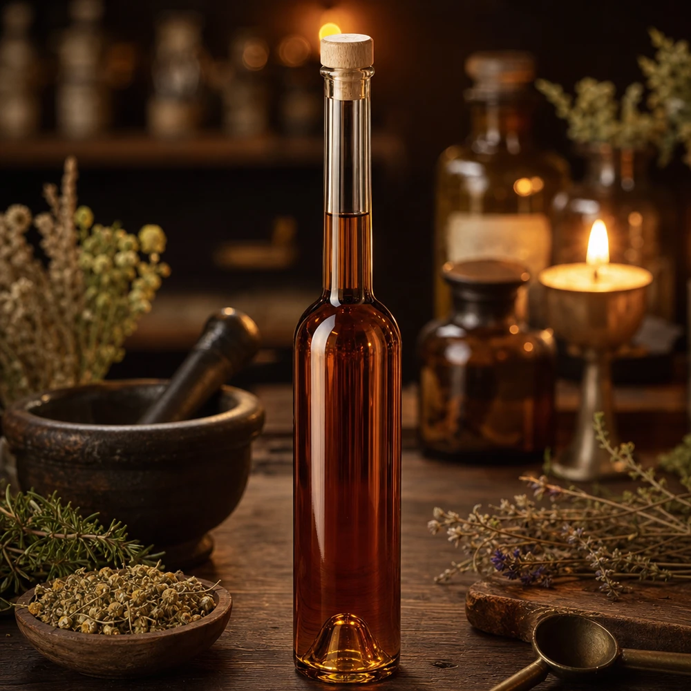 100ml Glasflasche Hugo mit braunem Inhalt in Apotheker-Ambiente mit Kräutern Mörser und Kerze auf Holztisch