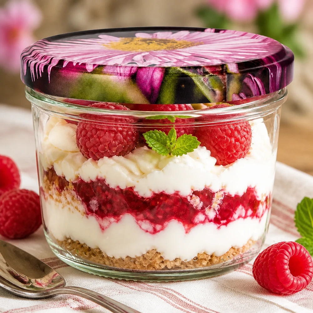 Sturzglas 230ml BasicSeal Blütendeckel mit Himbeer-Dessert befüllt, Schichtdessert mit Sahne und frischen Beeren