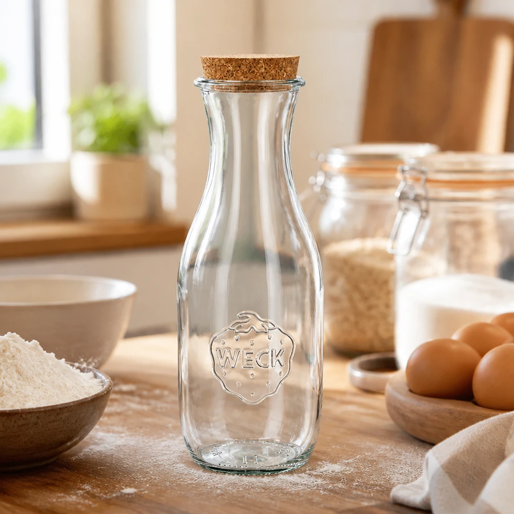 WECK Glasflasche 1062ml RR60 mit Korken auf Holzarbeitsfläche zwischen Backzutaten wie Mehl und Eiern in heller Küche