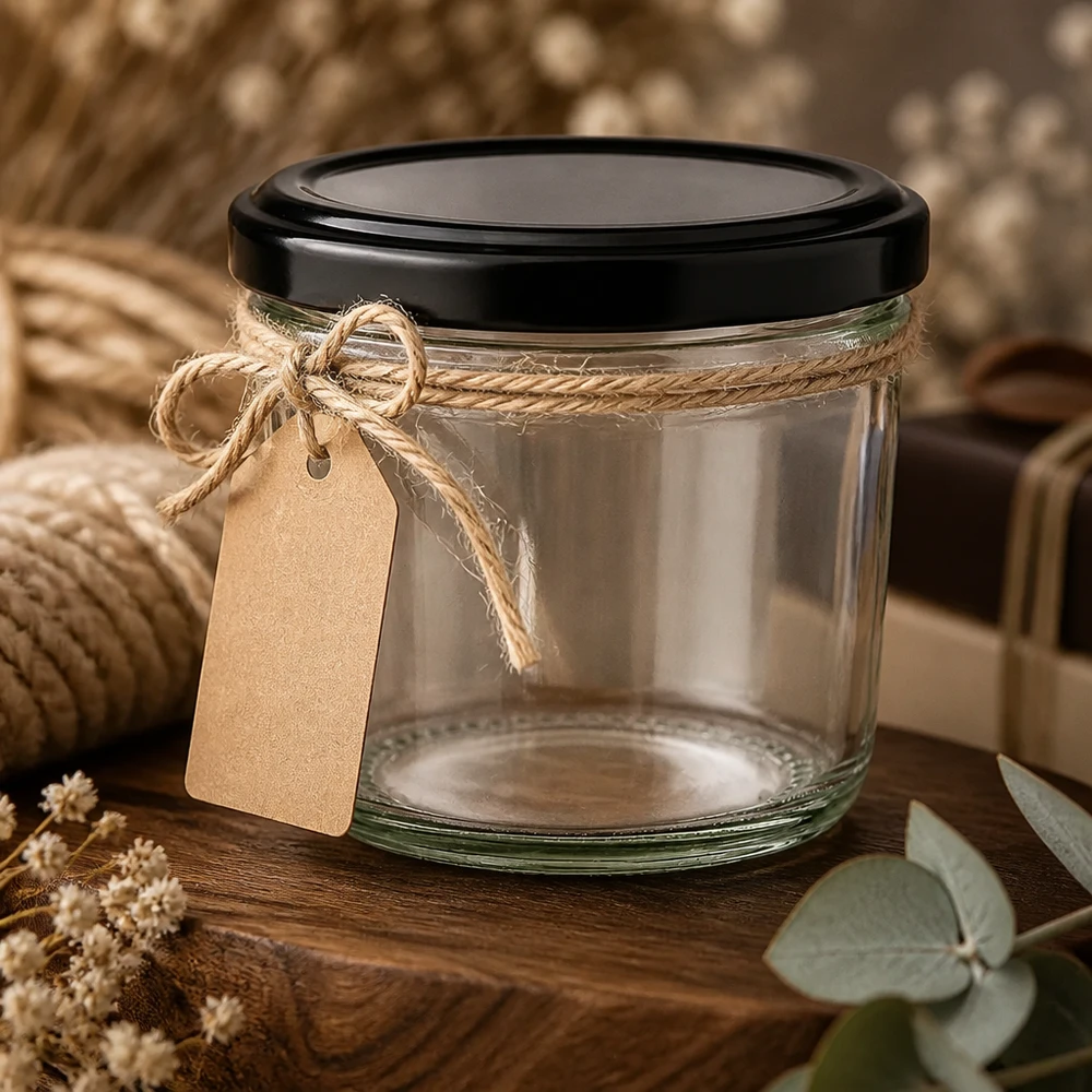 230ml Sturzglas mit BasicSeal Deckel schwarz UNiTWIST 230ml Sturzglas mit schwarzem Deckel und Juteschleife als Geschenkverpackung auf rustikalem Holzhintergrund