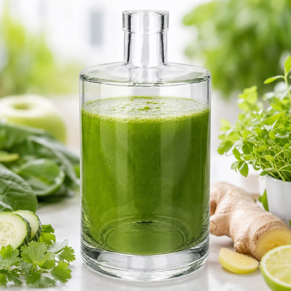 700ml Glasflasche Marie mit grünem Smoothie befüllt neben Gurke Ingwer und Kräutern auf hellem Untergrund