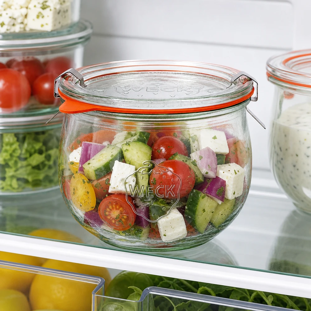 580ml Tulpenglas komplett WECK RR100 WECK Tulpenglas 580ml RR100 mit buntem Salat im Kühlschrank, praktische Meal-Prep Aufbewahrung für frische Zutaten
