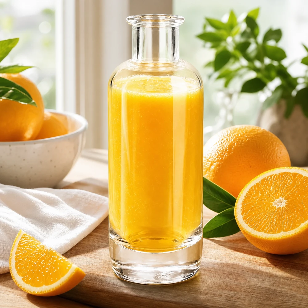 200ml Glasflasche Ella mit Orangensaft befüllt umgeben von frischen Orangen zeigt natürliche Fruchtgetränke Anwendung