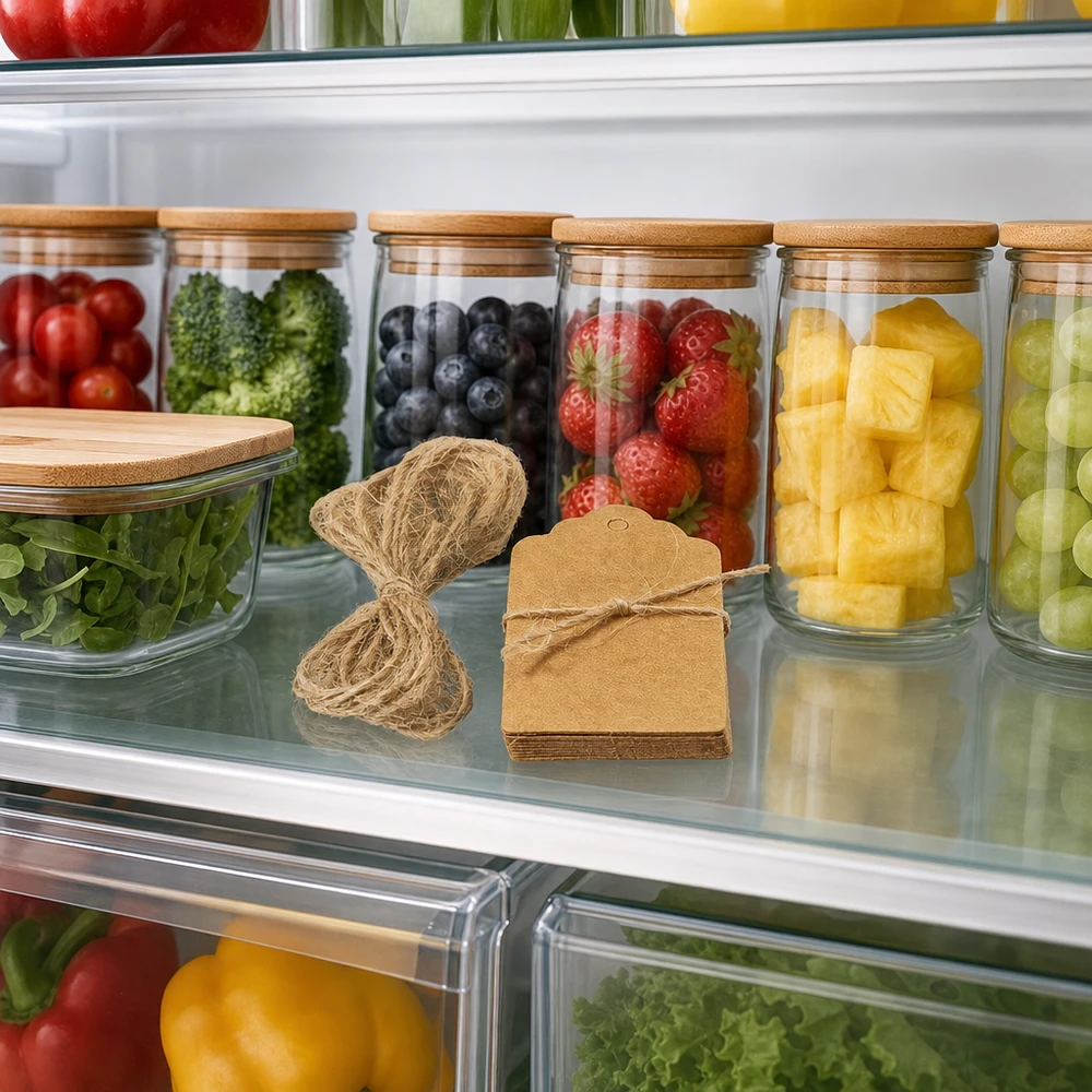 Anhänger 30x50mm mit Kordel (Pack(s) mit 10 Stück) Braune Geschenkanhänger mit Kordel im Kühlschrank neben Vorratsgläsern mit Obst für praktische Lebensmittel-Organisation