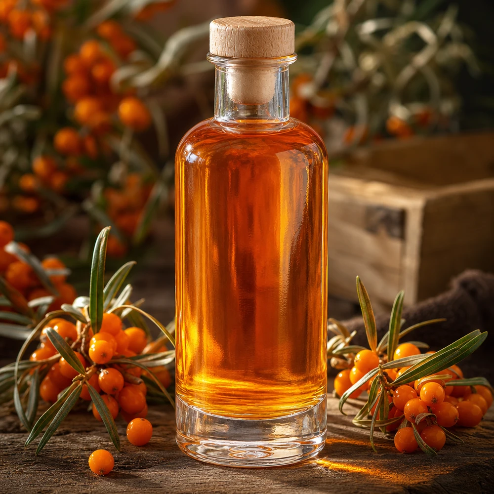 200ml Glasflasche "Ella" mit Holzgriff-Korken UNiTWIST 200ml Glasflasche Ella mit Holzkorken gefüllt mit orangefarbenem Sanddornöl zwischen frischen Sanddornzweigen