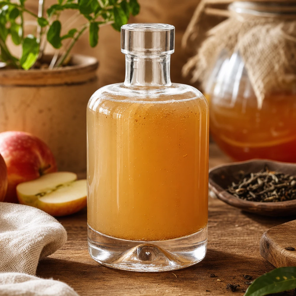 50ml Glasflasche "Attila" ohne Verschluss UNiTWIST® 50ml Glasflasche Amelie mit Apfelessig befüllt neben Apfelscheiben und Gewürzen zeigt Verwendung für Essig und Vinaigret