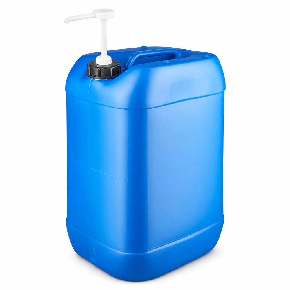 Stapelbarer 25 Liter Kanister aus blauem Kunststoff mit Dosierpumpe und DIN-Gewinde