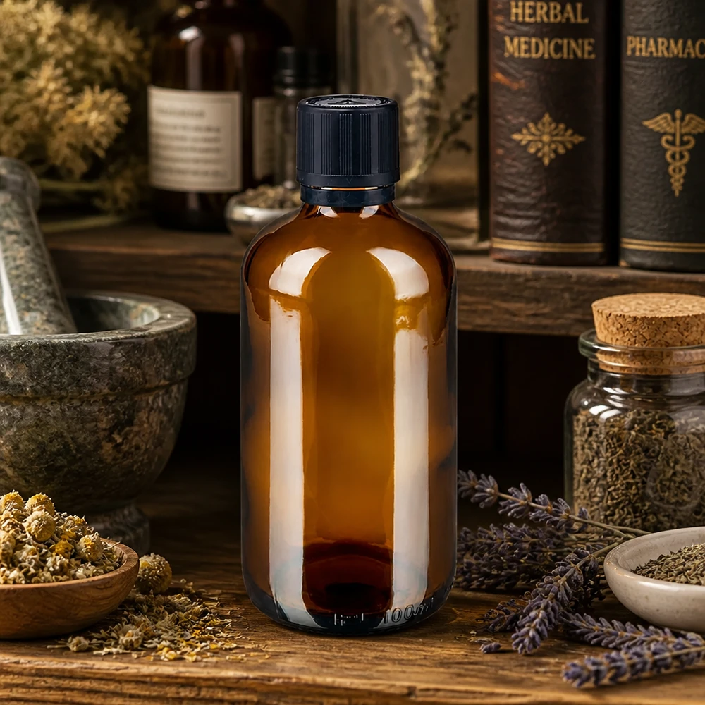 Apothekenflasche braun 100ml Tropfer Premium 1mm schwarz Kindersicherung Blindenwarnsymbol Originalitätsverschluss Pharmazeutische 100ml Braunglasflasche mit Originalitätsverschluss in traditioneller Kräuterapotheke