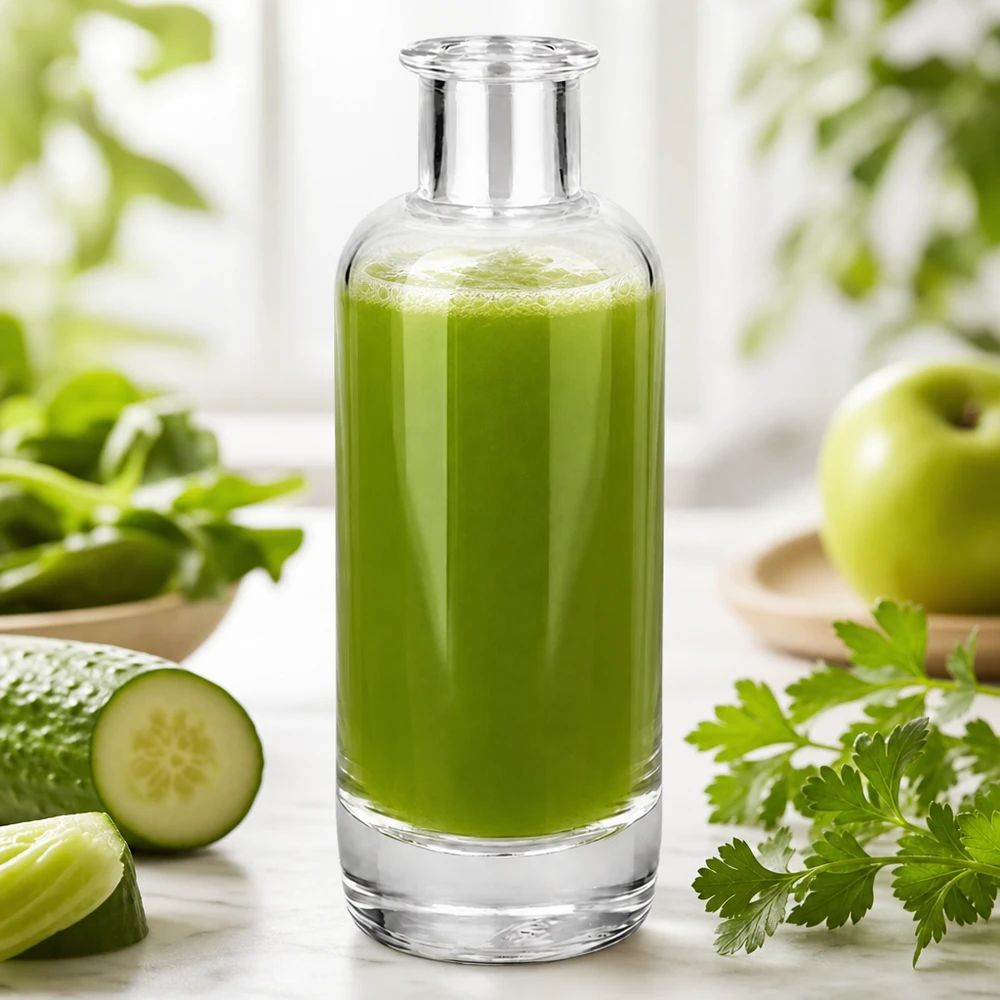 200ml Apothekerflasche Ella mit grünem Smoothie befüllt zeigt Anwendung für Getränke und Kosmetik