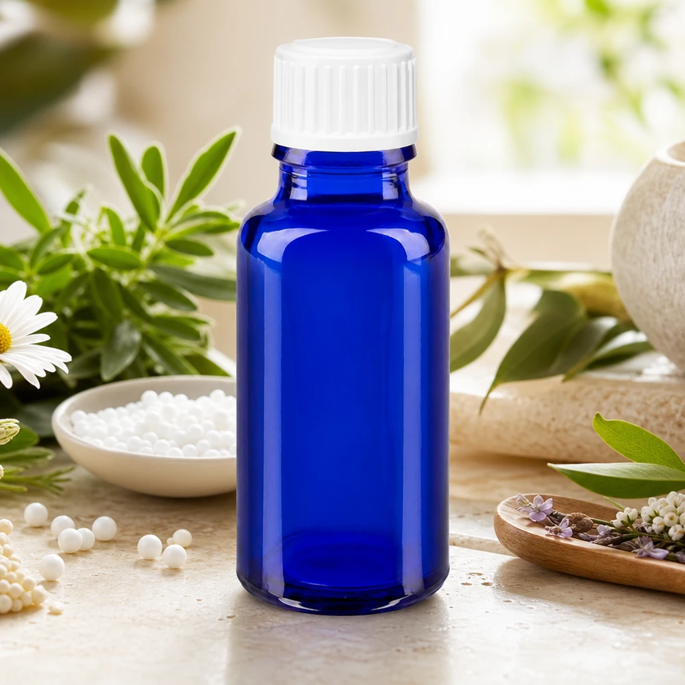 Apothekenflasche blau 20ml Schraubverschluss weiß Globuli Standard Professionelle Apotheken-Globuliflasche 20ml in Blau mit weißem Deckel vor Kräuterhintergrund