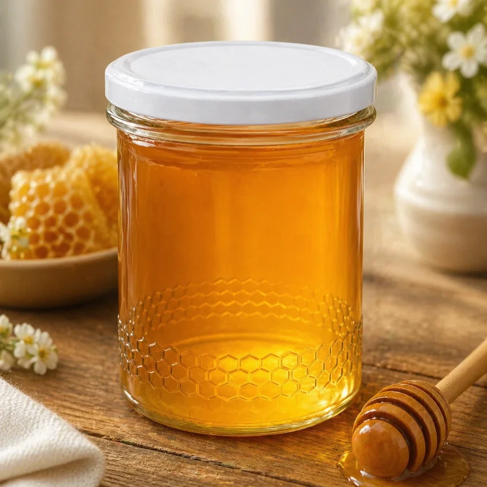 560g Honigglas + BasicSeal Deckel weiß UNiTWIST 400ml Honigglas gefüllt mit goldenem Honig neben Honiglöffel und Wabe natürliche Küchenszene Wabenmuster
