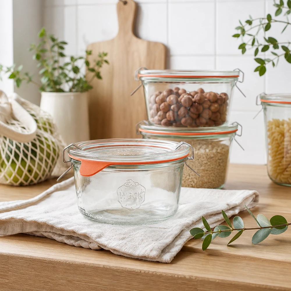 165ml Sturzglas komplett WECK RR80 WECK Sturzglas 165ml RR80 in moderner Küche mit Vorratsgläsern voller Nüsse und Getreide auf Holzarbeitsplatte