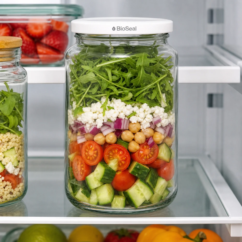 UNiTWIST Runda382 Schichtsalat im Kühlschrank - Meal Prep Glas mit frischem Gemüse und weißem BioSeal Deckel