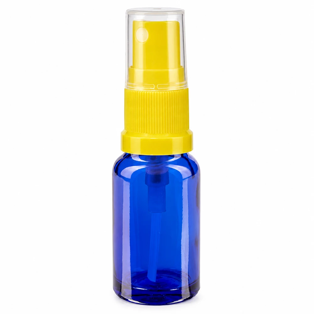 Kompakte blaue Lichtschutzglasflasche 30ml mit gelbem Sprühaufsatz und Staubschutzkappe