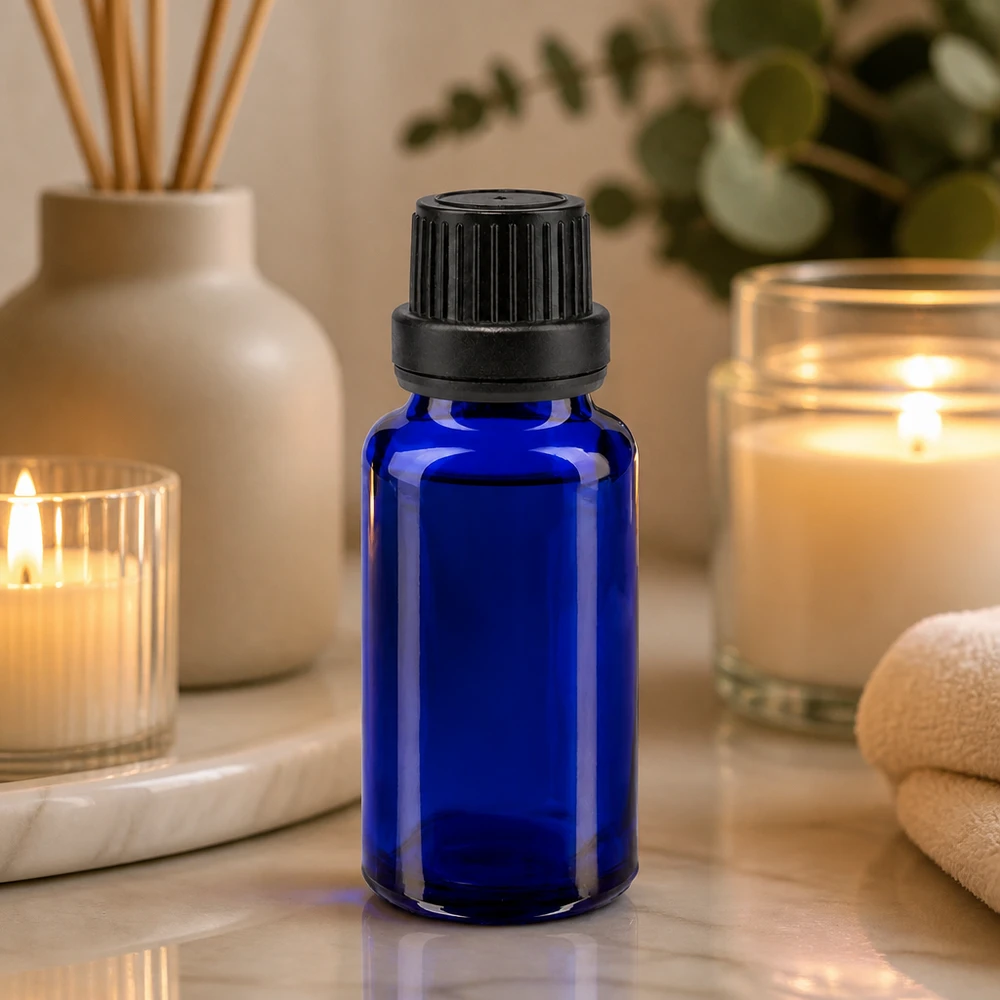 Apothekenflasche blau 20ml Schraubverschluss schwarz Dichteinlage Originalitätsverschluss Apothekerflasche 20ml blau Glas mit Originalitätsverschluss für Kosmetik und Naturheilkunde