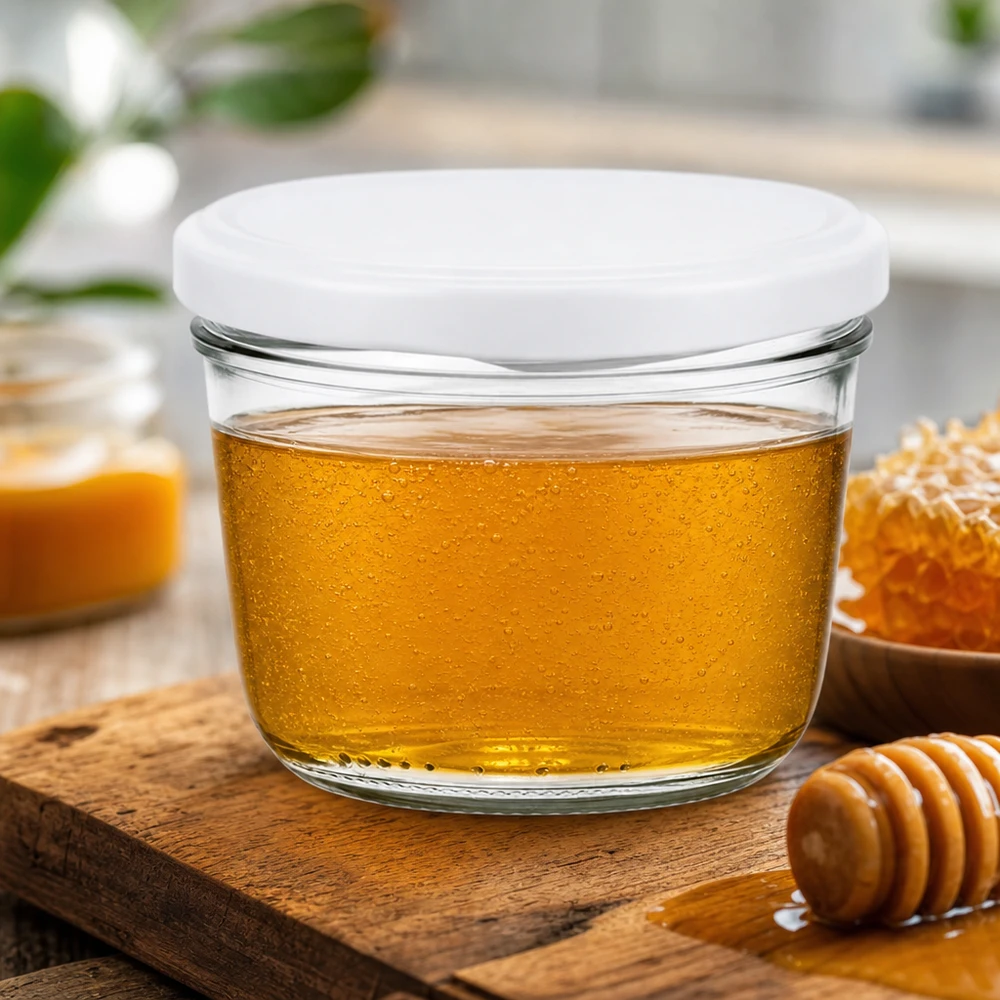 230ml Sturzglas mit weißem Deckel für Honig - Imkerglas mit Honiglöffel auf rustikalem Holztisch