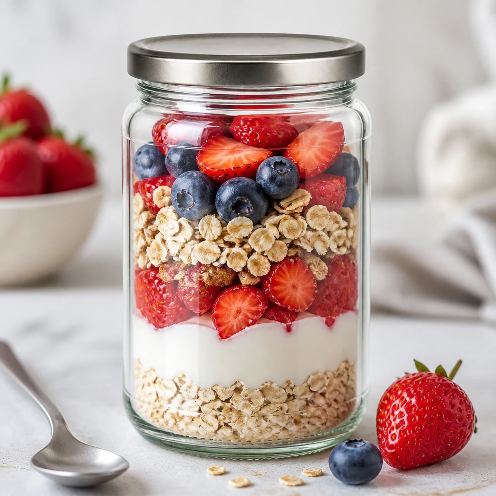 305ml Rundglas mit BasicSeal Deckel silber UNiTWIST 305ml Rundglas als Overnight Oats Schichtdessert mit Beeren und Granola - BasicSeal Deckel silber für Meal Prep
