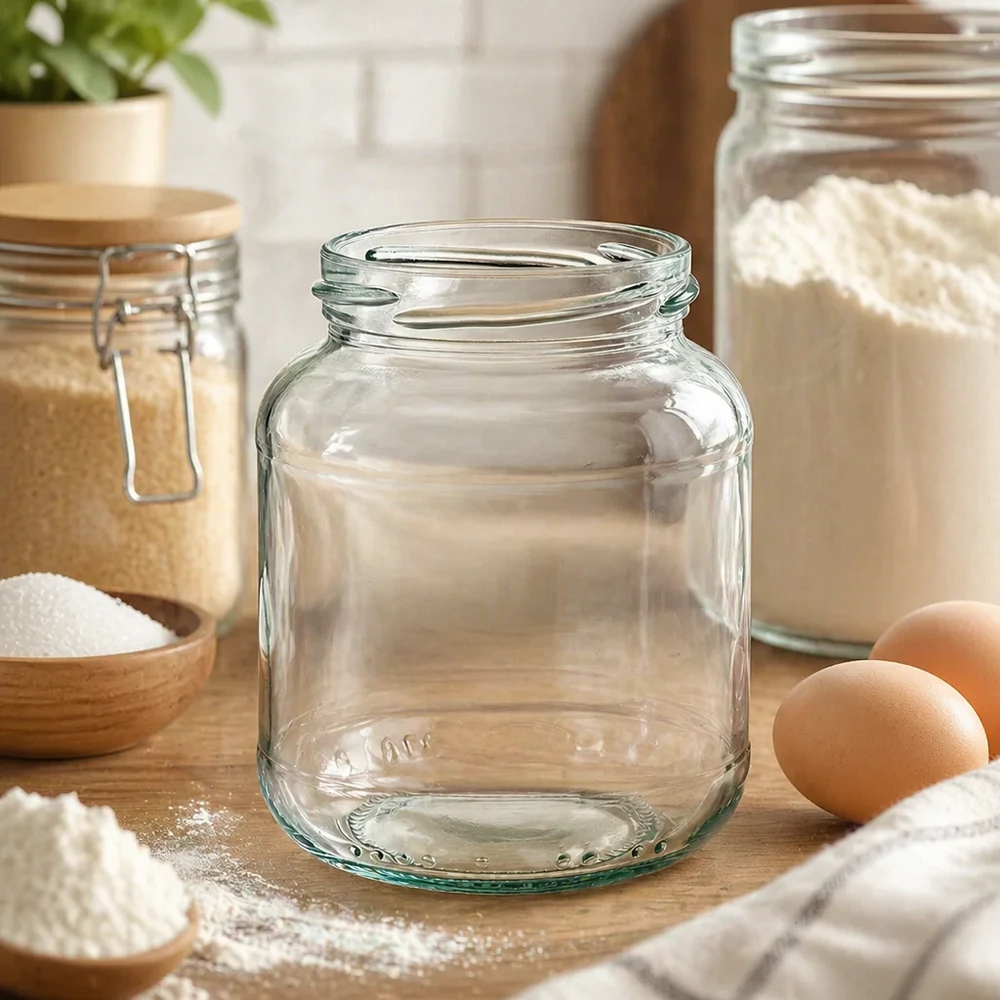370ml Ovalglas ohne Deckel (TO66) UNiTWIST UNiTWIST Oval370 Einmachglas 370ml leer auf Holztisch mit Mehl Eiern und Küchenutensilien im Hintergrund