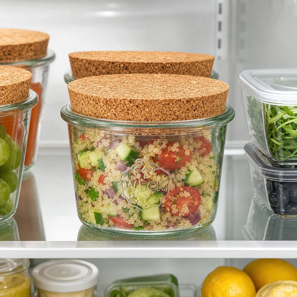 80ml Sturzglas WECK RR60 mit Korken natur WECK Sturzglas 80ml RR60 mit Korken im Kühlschrank zur Aufbewahrung von Quinoa-Salat und frischen Lebensmitteln