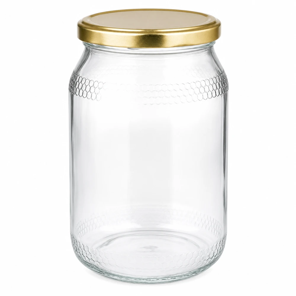 1260g Honigglas + BasicSeal Deckel gold UNiTWIST 900ml Honigglas mit goldenem BasicSeal UNiTWIST Deckel - leeres Glasgefäß für Honig mit Wabenprägung