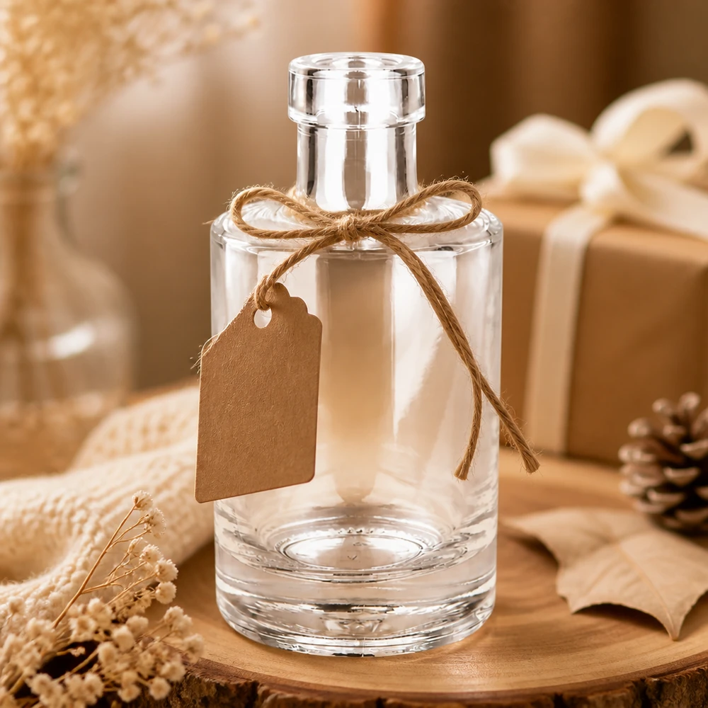 Glasflasche Marie 200ml leer dekorativ mit Geschenkanhänger rustikale Herbstdeko mit Tannenzapfen und warmer Atmosphäre