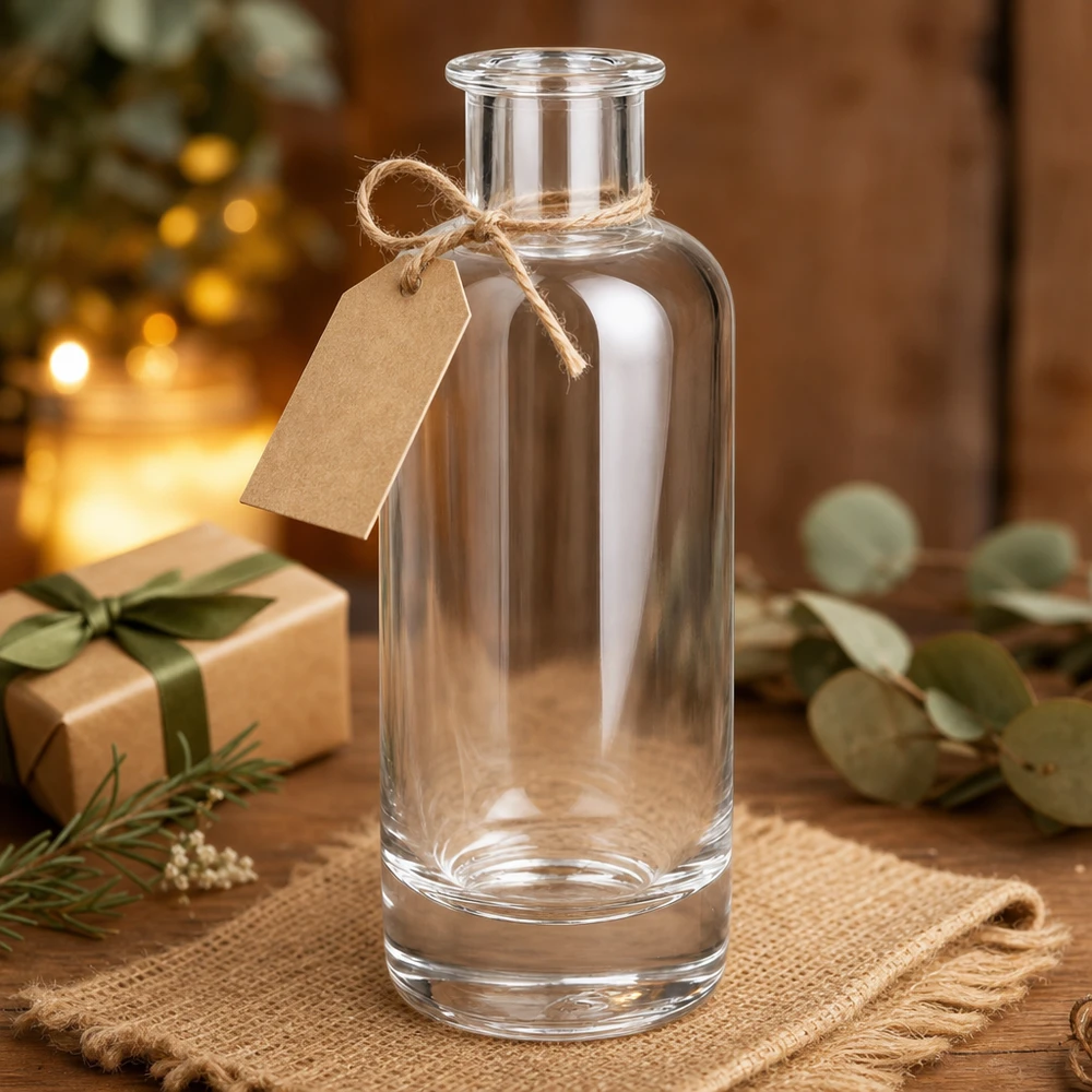 200ml Glasflasche "Ella" ohne Verschluss UNiTWIST 200ml Glasflasche Ella leer mit Geschenkanhänger und Juteband als Weihnachtsgeschenk dekoriert auf Holz