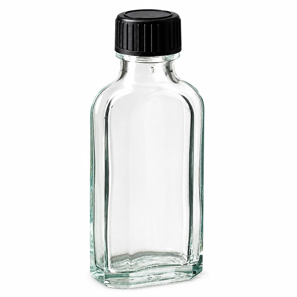 50 ml Meplat klar Schraubverschluss mit LKD-Dichtscheibe Hochwertige Meplat Klarglasflasche 50ml mit schwarzer Schraubkappe und Dichtung